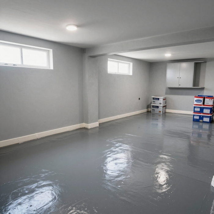 Clean, finished basement after professional waterproofing Services in Renton, WA, with smooth gray walls and flooring.