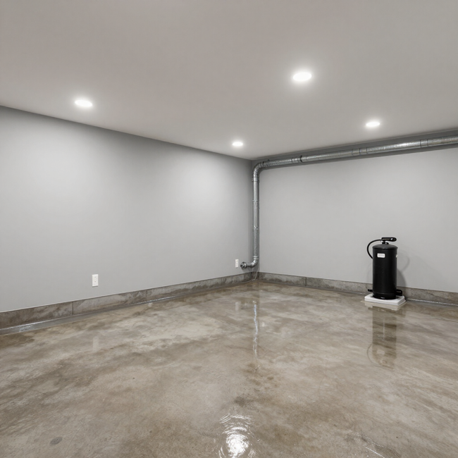 Bright finished basement featuring smooth gray walls and recessed lighting after waterproofing Services in Renton, WA.