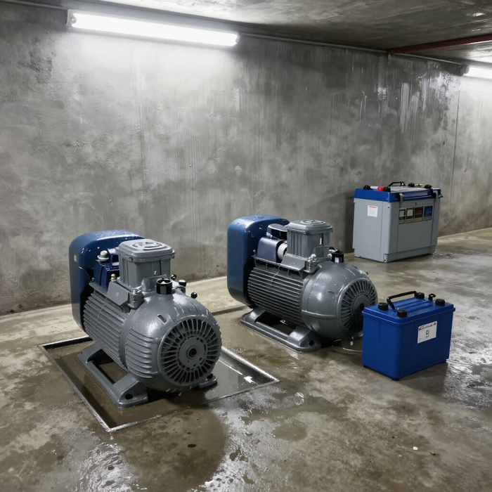 Basement waterproofing equipment installed in a concrete utility area in Renton, WA, with pumps and drainage systems.