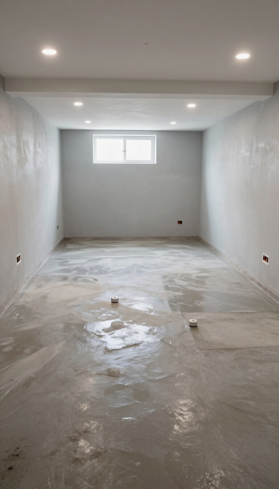Finished basement ceiling with recessed lights and a small window after waterproofing Services in Renton, WA.