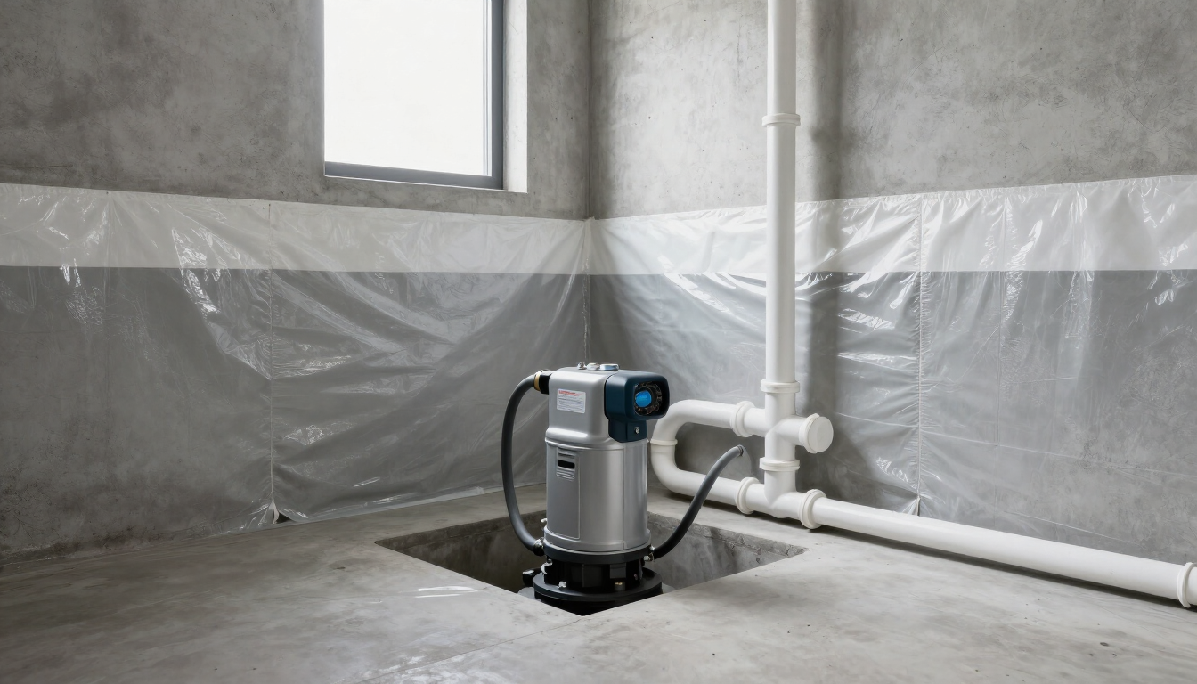 New sump pump installed beside white drainage pipes during basement waterproofing Services in Renton, WA.