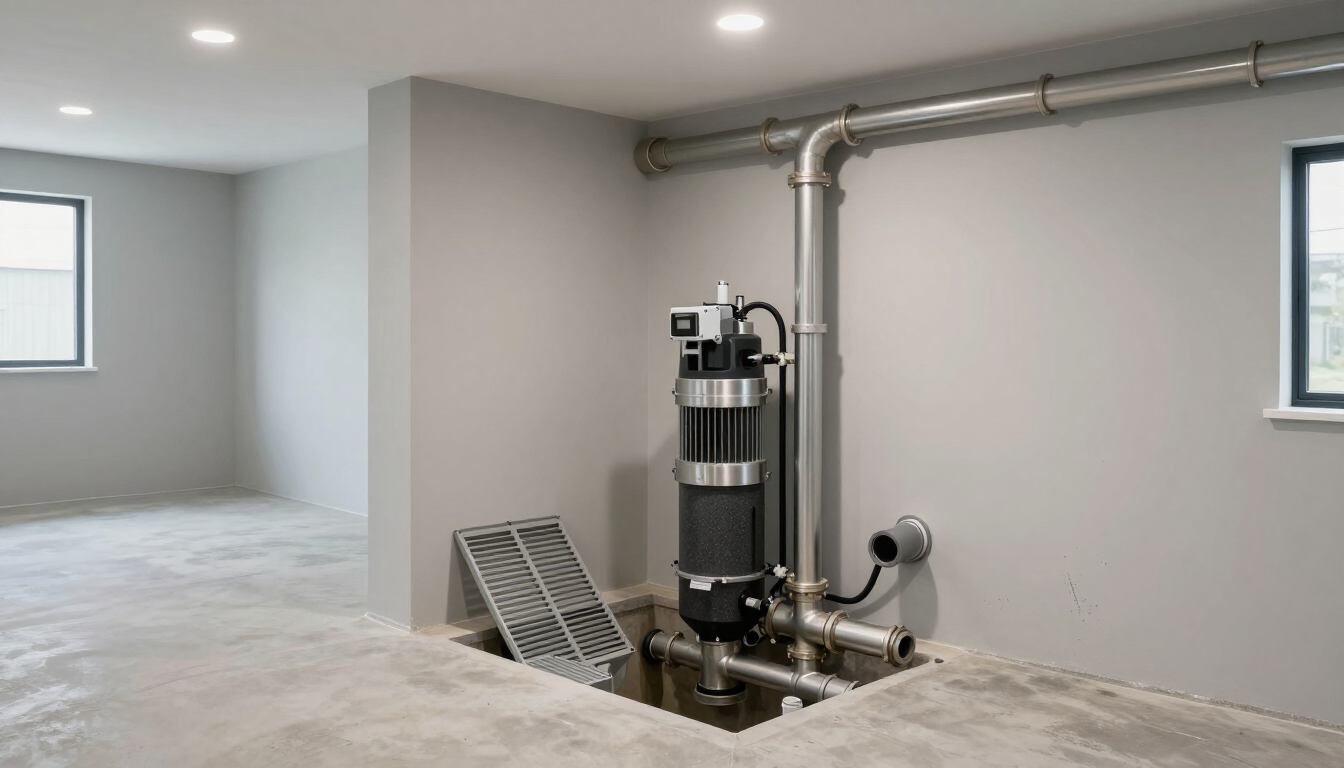 Professional sump pump system with drainage pipes installed in a clean basement in Renton, WA.