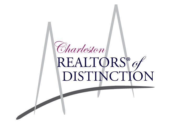 Charleston Realtors Distinction logo with gray and burgundy text and a stylized skyline line