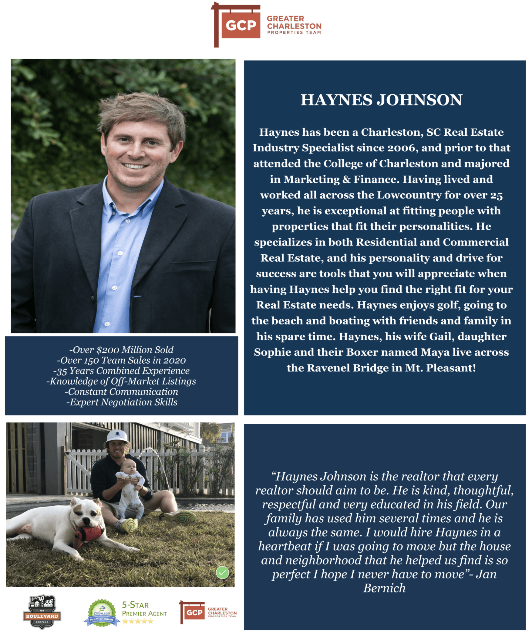 Blue-and-white profile poster with a man’s portrait, bio text, and a photo of him with dogs