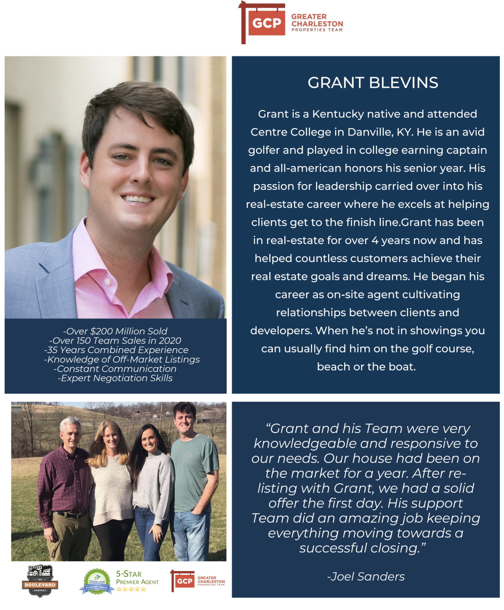 Community event flyer with headshot, volunteer group photo, and blocks of white text on a blue background