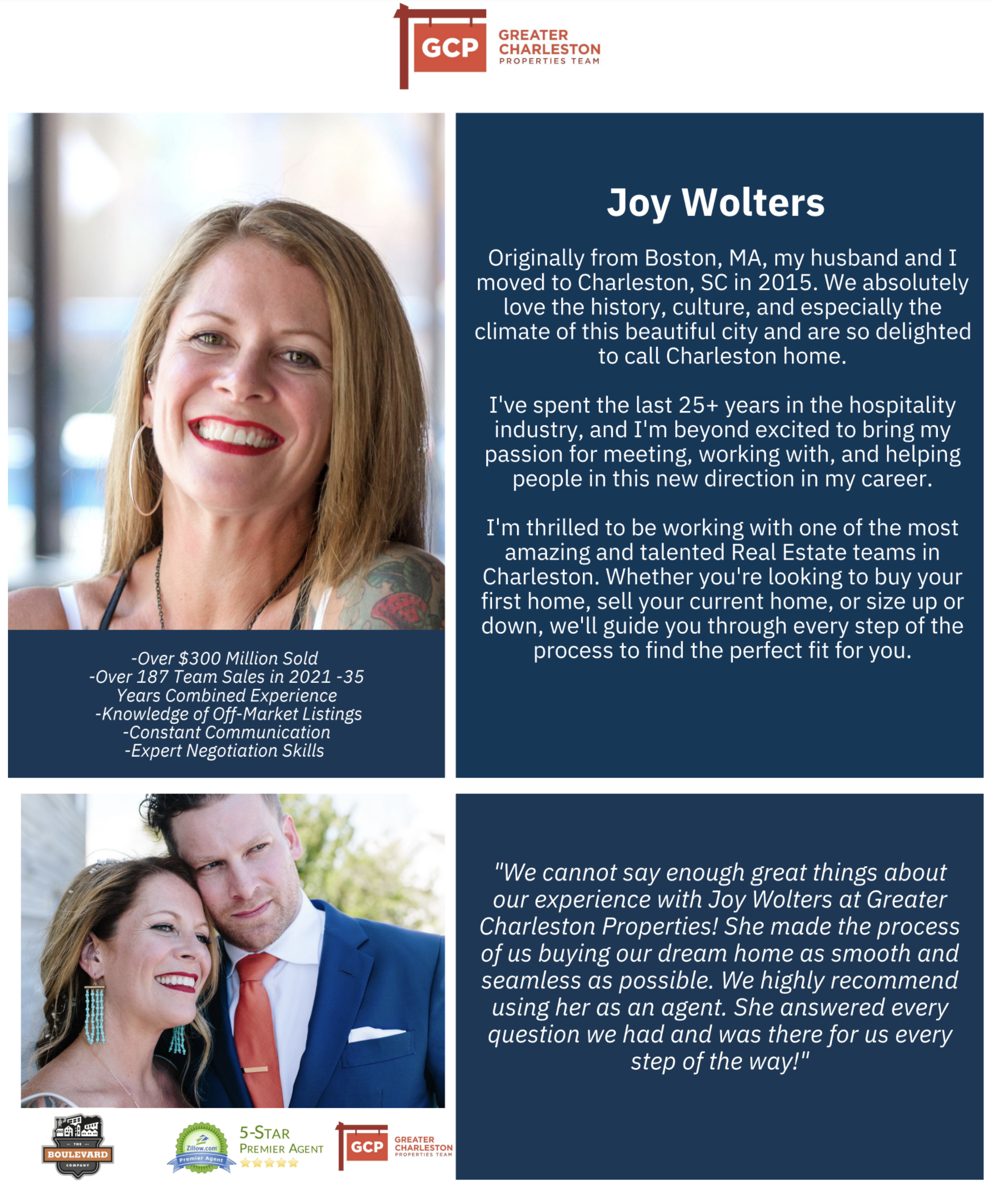 Promotional flyer for Joy Wolters with portrait photos and event details on blue background.