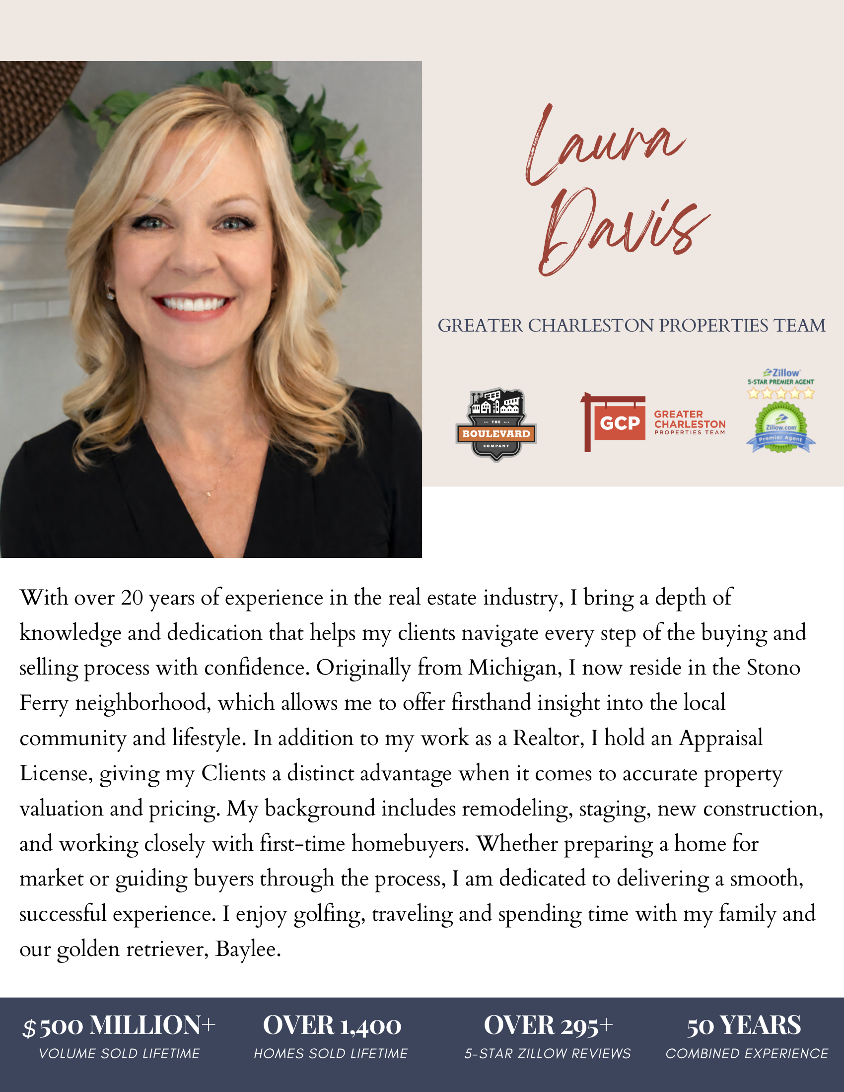 Promotional flyer with a smiling blonde woman’s portrait, cursive name text, and multiple logos on a white background