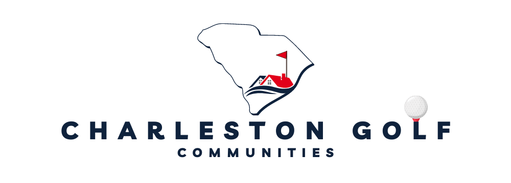 Charleston Golf Communities logo with stylized map, golfer, and golf ball on white background