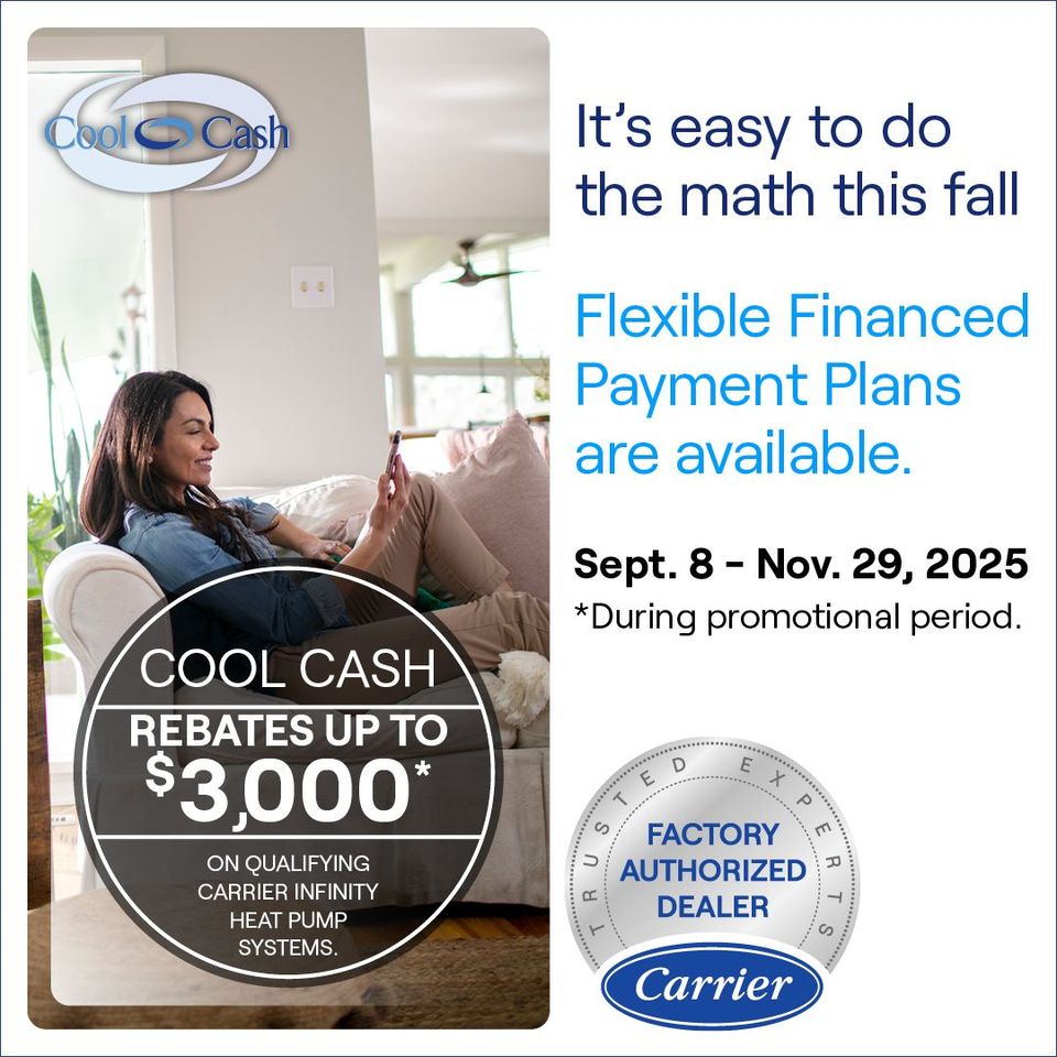 Advertisement for HVAC rebates. Woman on couch,