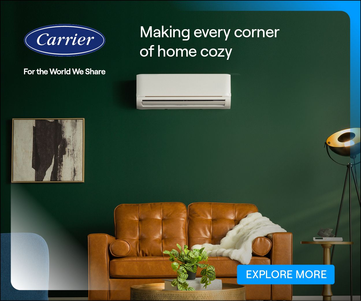 Carrier wall-mounted air conditioner in a cozy green living room with a brown leather sofa and a blue 