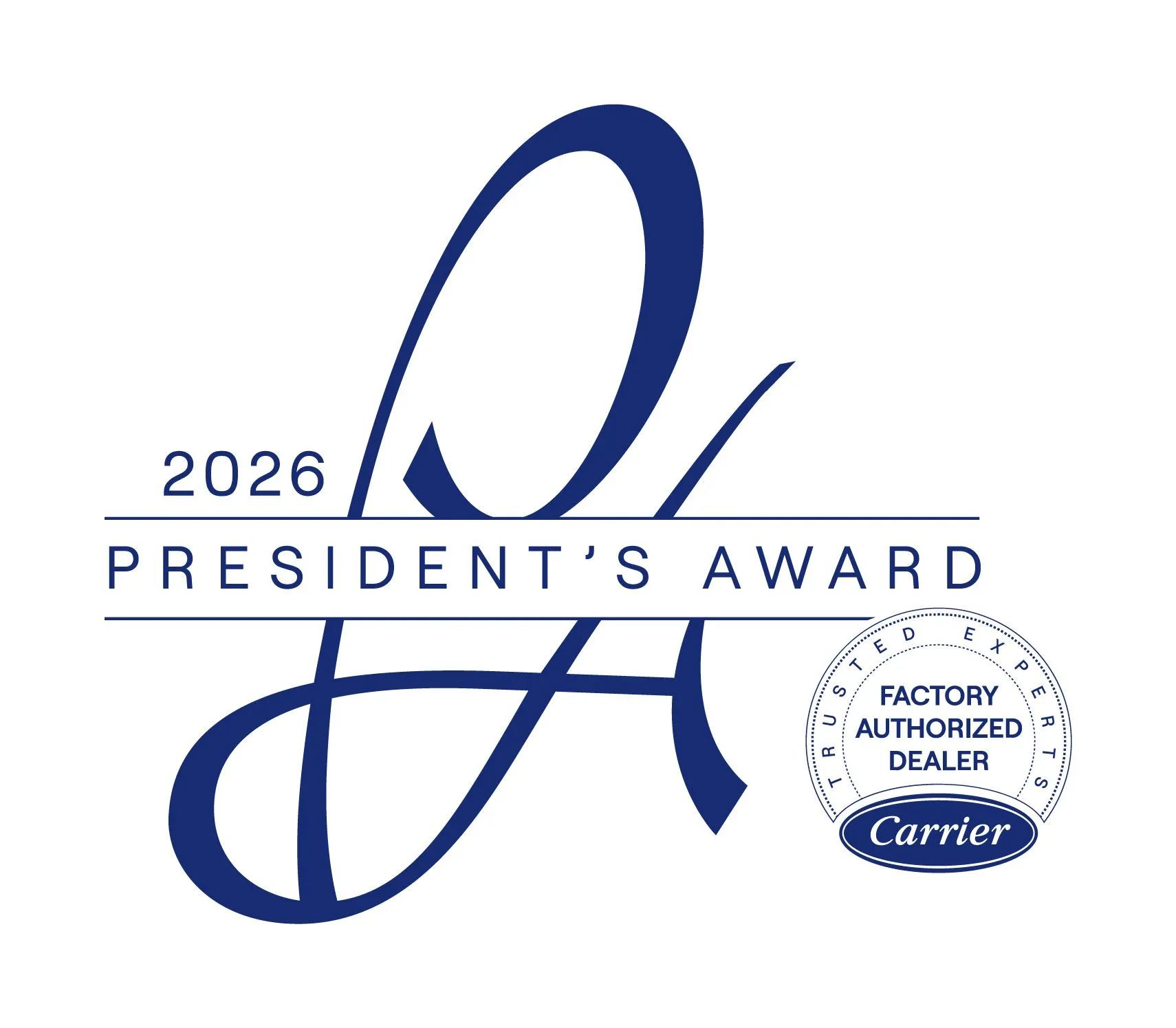 Blue 2026 President’s Award logo for a Carrier Factory Authorized Dealer.