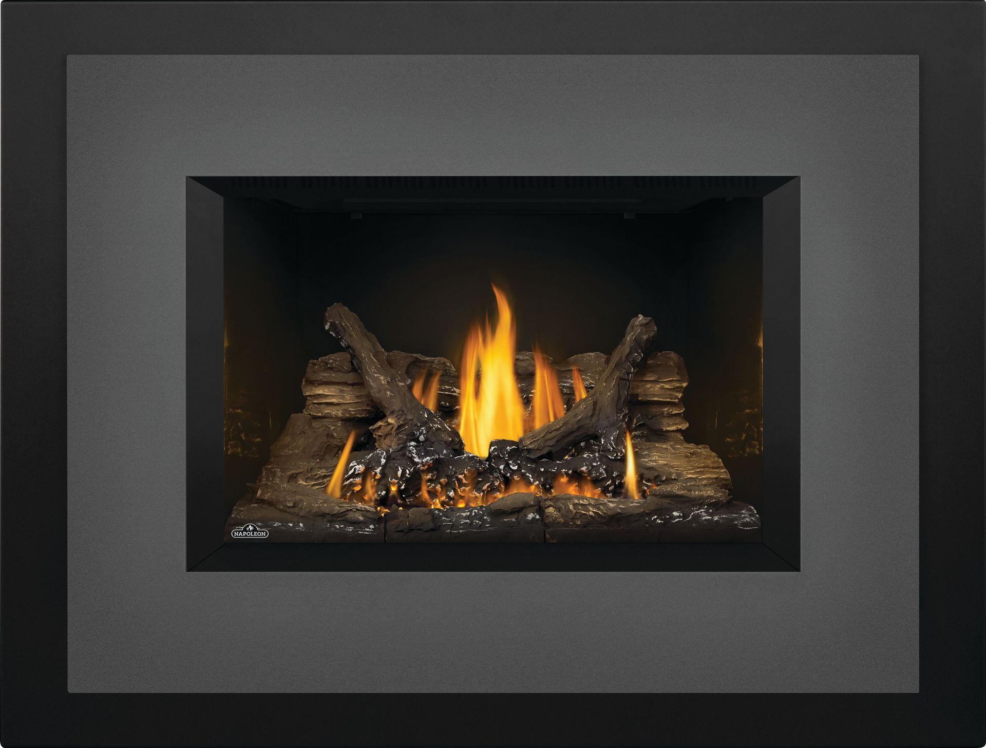a living room with a fireplace and a chair