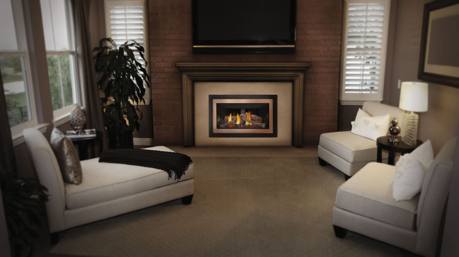 a living room with a fireplace and a couch .