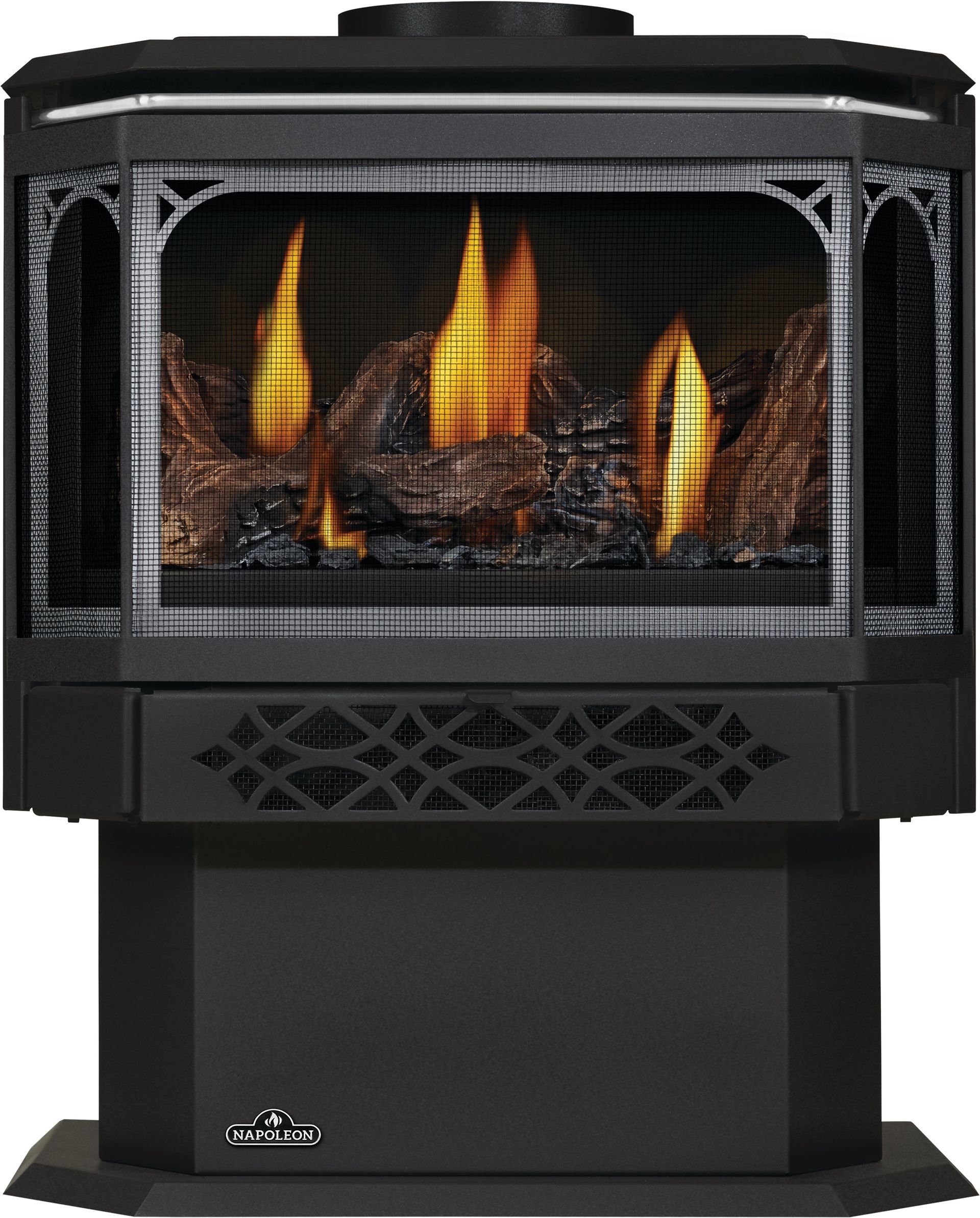 A woman is sitting on a couch with a dog in front of a fireplace.
