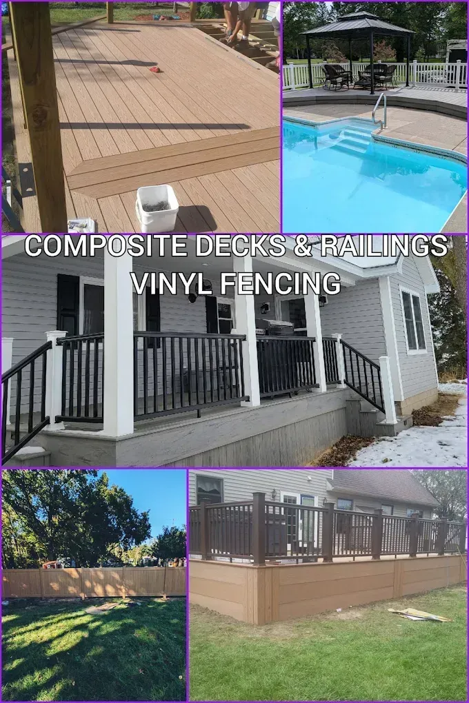 Composite decks and railings, and vinyl fencing shown in outdoor home settings.