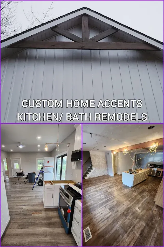 Custom home accents and kitchen/bath remodels shown on a collage of exterior and interior spaces