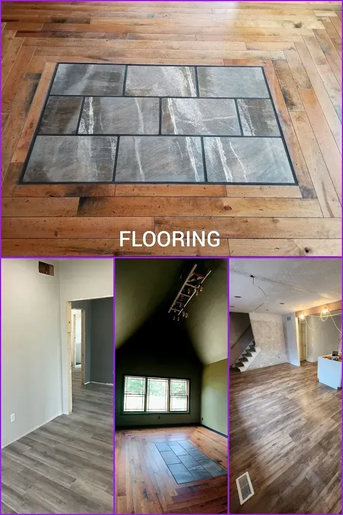 Flooring samples and three views of a room with new wood-look floors and a staircase.