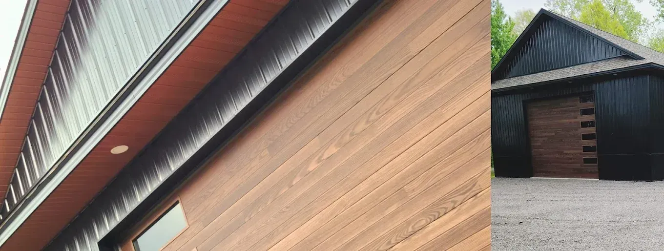 Close-up of a wood-sided building exterior with a dark metal roof, plus a small inset of the full front view