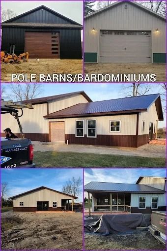 Collage of pole barns and bardominiums in gray, tan, and blue finishes with text overlay.