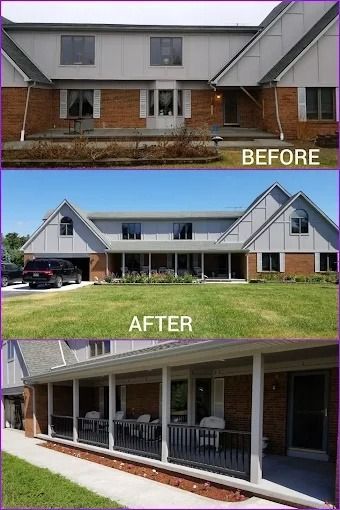 Before-and-after of a renovated brick building with a new covered porch and landscaped front lawn.