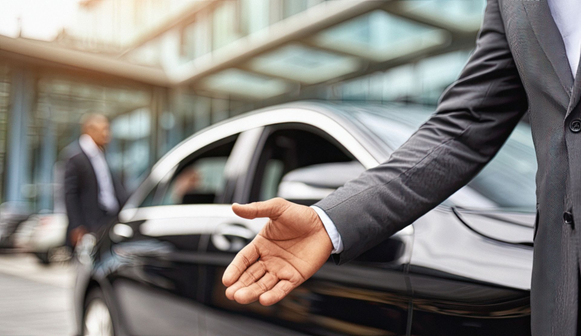 Valet in a dark suit opening a black car door outside a modern building