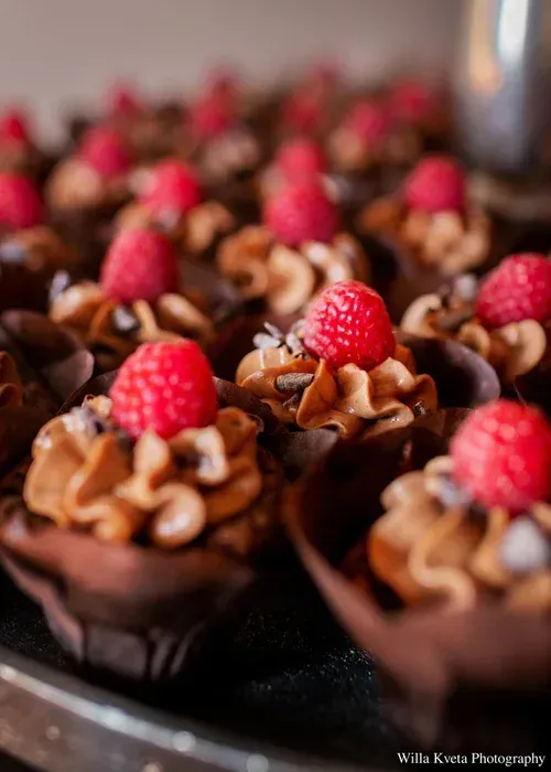 Chocolate cupcakes topped with frosting rosettes and fresh raspberries on a tray