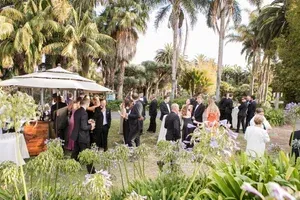 Guests in formal attire mingle in a lush tropical garden during an outdoor event.