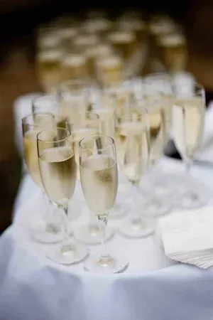Champagne flutes arranged on a white tablecloth at a formal event