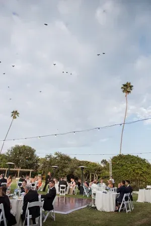 Outdoor wedding reception with guests seated at tables under a pale sky and tall palm trees