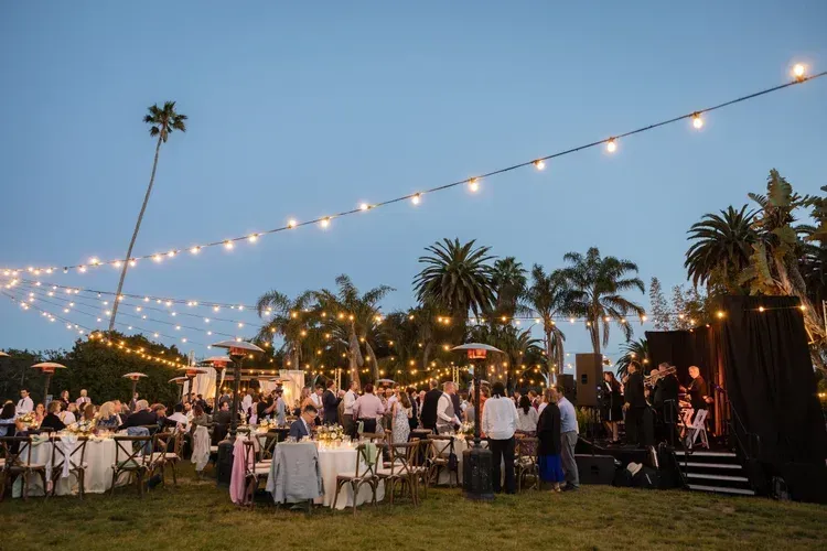 Outdoor evening wedding reception with string lights, palm trees, and guests mingling at tables on a lawn