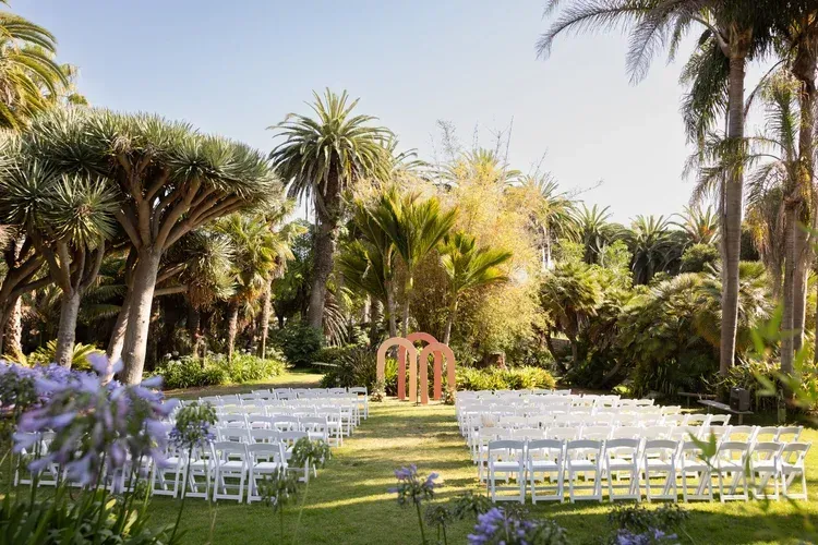 Outdoor wedding ceremony setup with white chairs, floral arch, and palm trees in a sunny garden