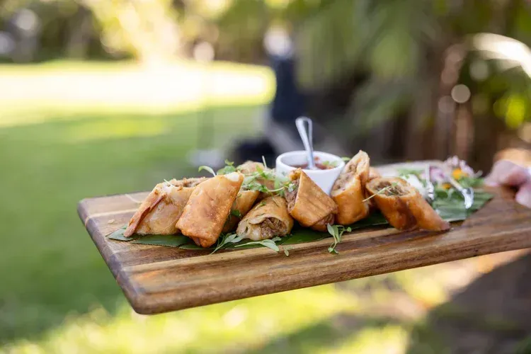 Wooden board with spring rolls and dipping sauce outdoors on a table