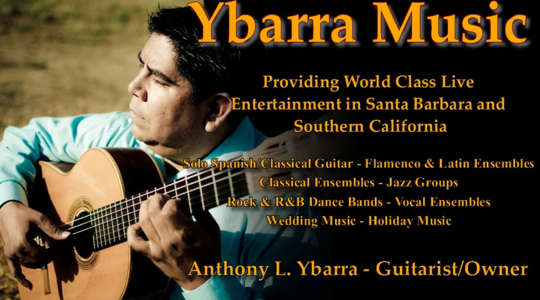 Ybarra Music promo graphic with guitarist holding an acoustic guitar and text listing live entertainment services