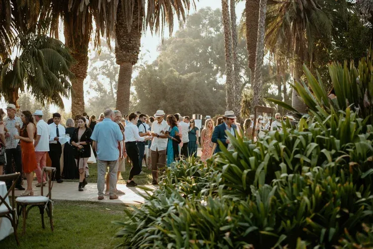 Outdoor gathering in a palm-lined garden with people mingling near tables and chairs