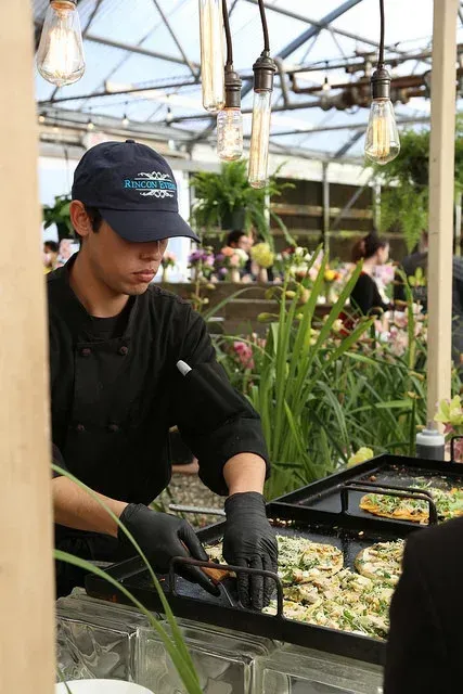 Worker in black gloves tending trays of plants inside a greenhouse