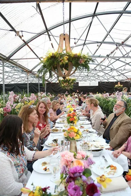 Guests dine at a long table in a greenhouse under hanging flower arrangements.
