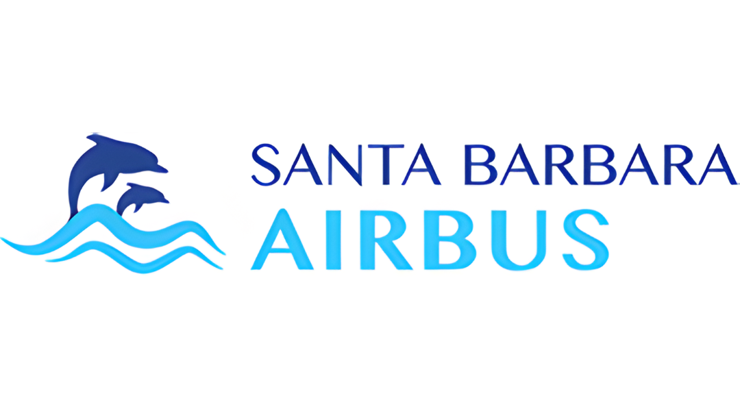 Santa Barbara Airbus logo with blue dolphin and wave icon and blue text on white background