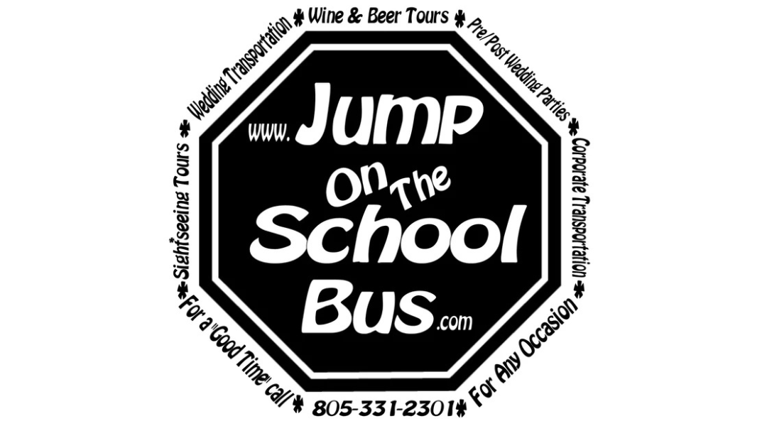 Black-and-white Jump on the School Bus logo in an octagon with web address and contact info around it