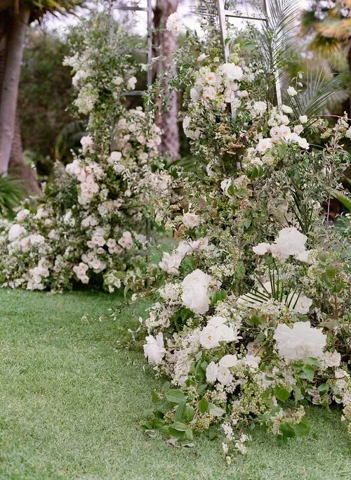 White flowering bushes beside a green lawn with palm trees in the background
