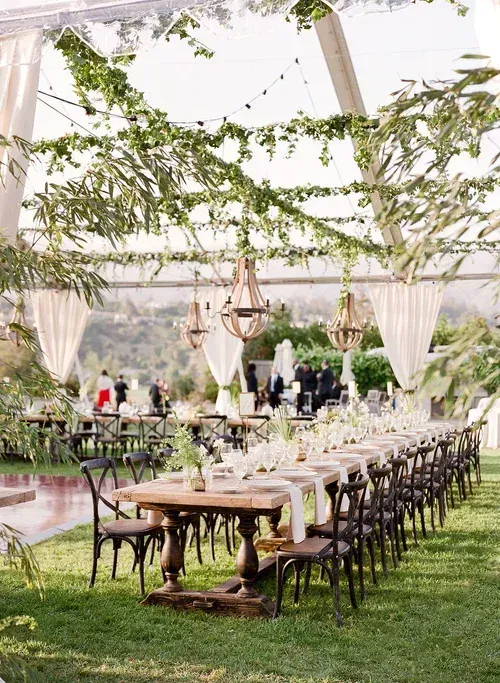 Outdoor banquet table under a vine-covered canopy with chairs set on grass.