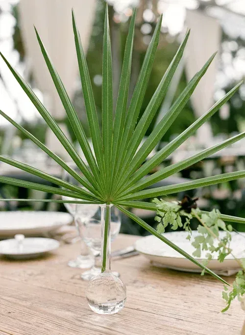 Green palm frond in a clear vase on a wooden table with soft-focus dining tableware behind