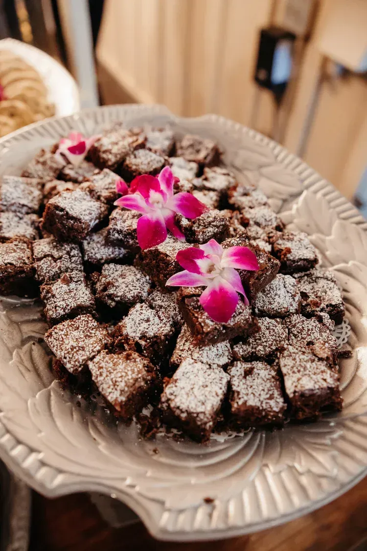 Chocolate dessert squares dusted with powdered sugar on a platter, topped with pink orchid flowers.