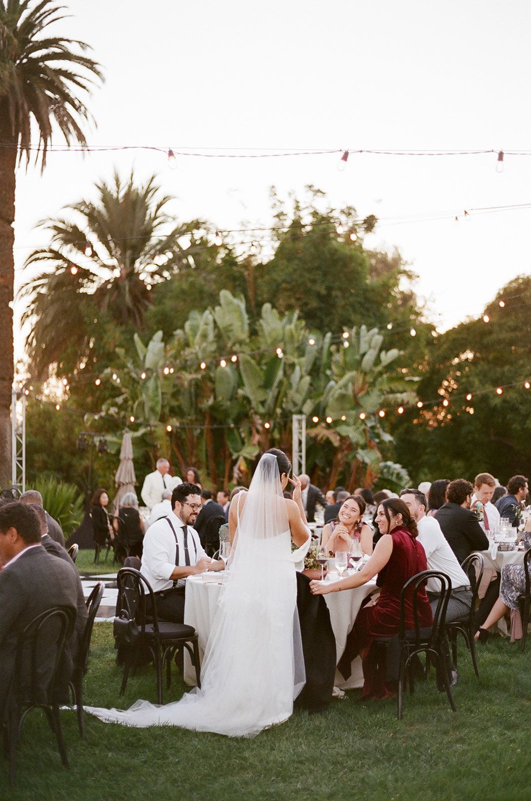 Outdoor wedding reception with guests seated at a long table under string lights and palm trees