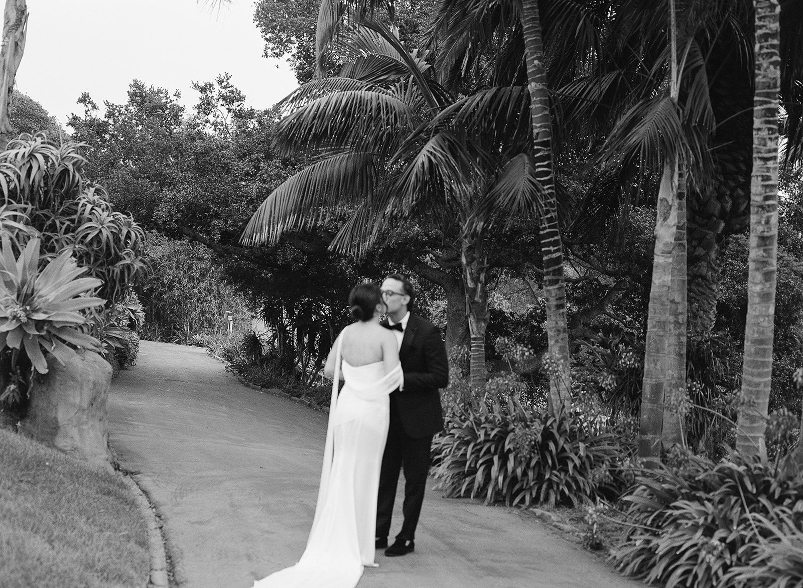 Couple in formal attire standing on a garden path surrounded by tropical trees and plants