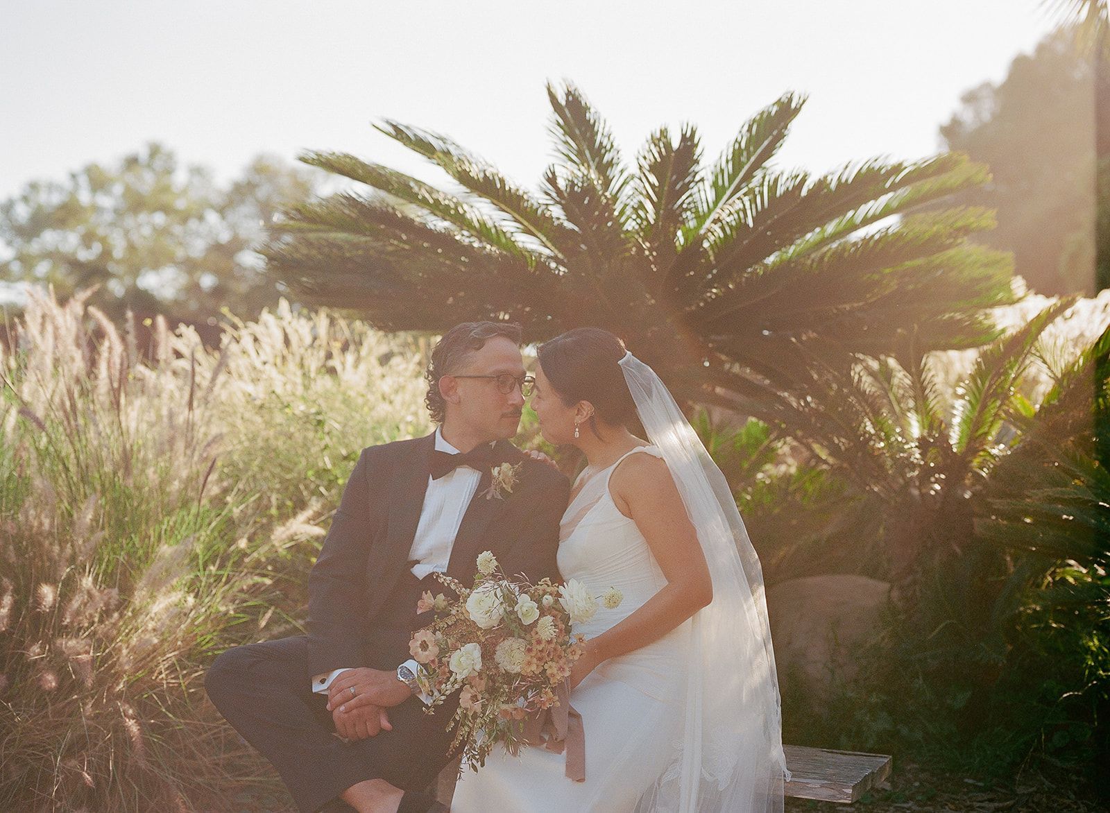 Newlyweds posing outdoors beside a palm plant, holding a bouquet in warm sunlight