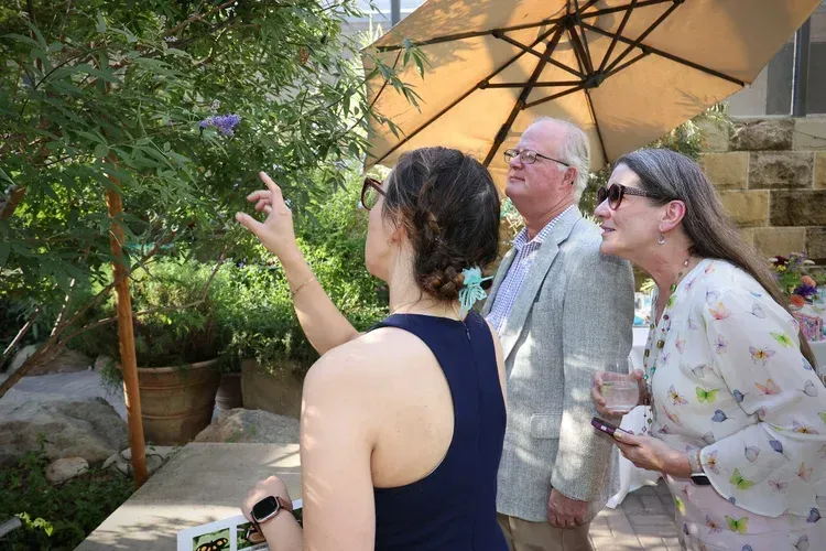 Three people under a patio umbrella, looking and pointing at something in a lush garden.