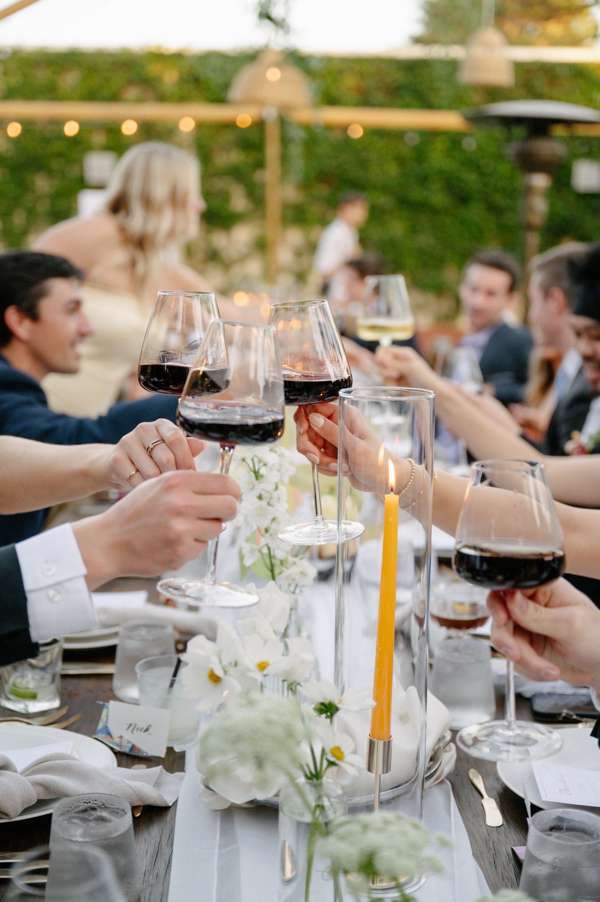 Guests clink wine glasses at an outdoor dinner table with white flowers and candles.