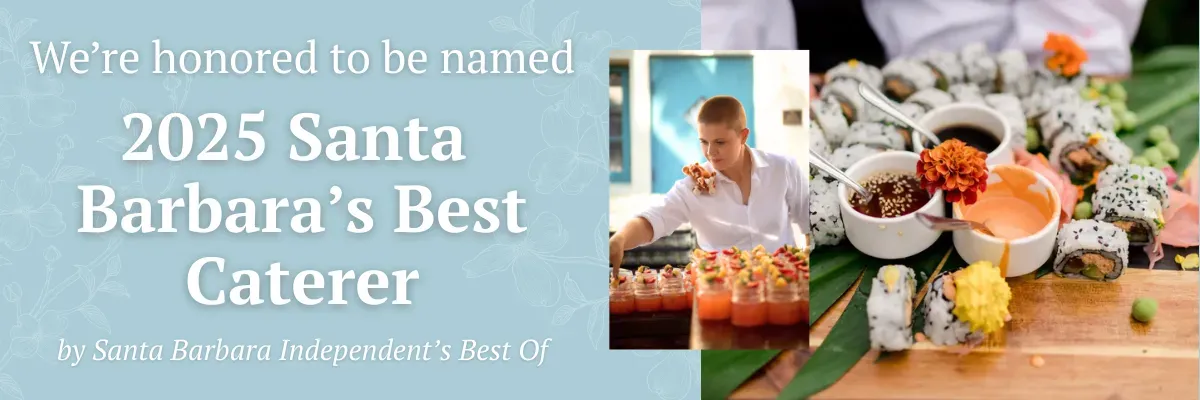 2025 Santa Barbara's Best Caterer award graphic with food tray and plated dishes