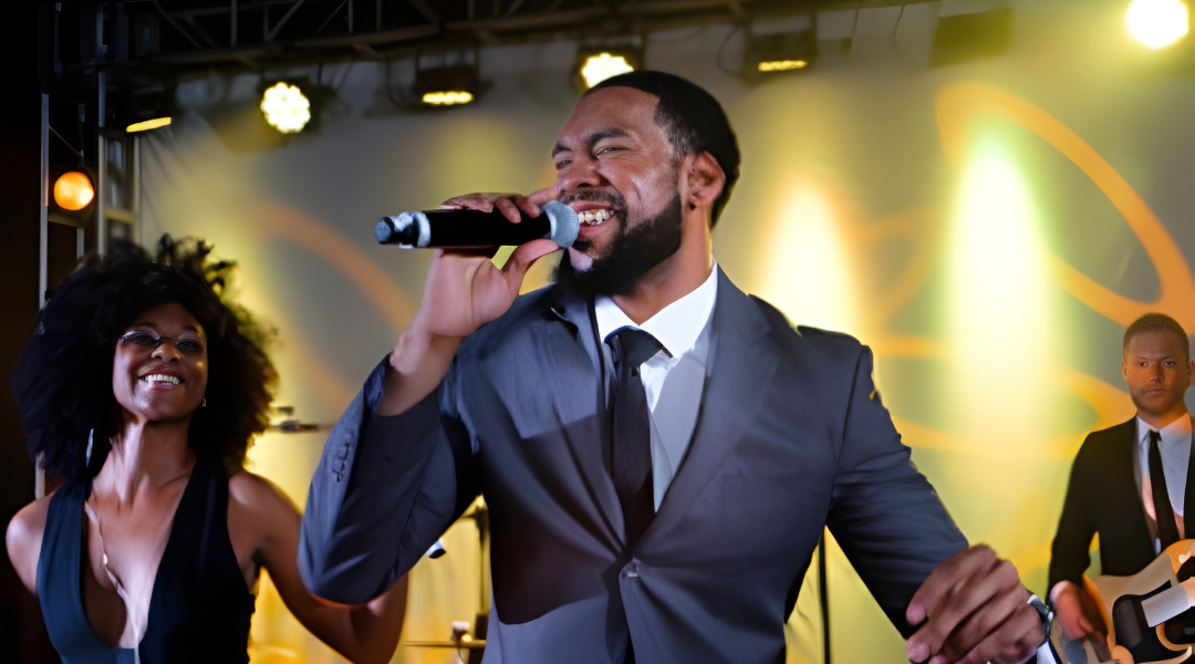 Singer in a dark suit performing on stage with backup musicians and warm lights