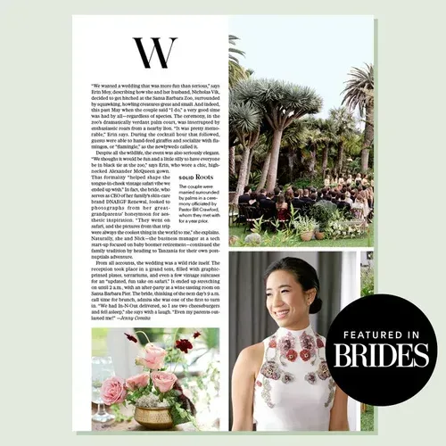 Wedding magazine spread with garden reception, floral centerpiece, and bridal portrait, featuring Brides branding